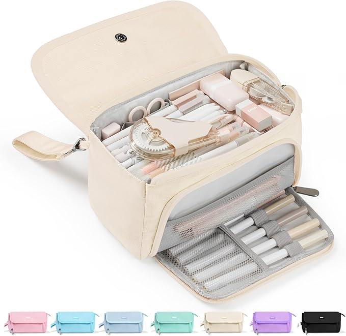 Sooez Super Large Pencil Case, Big Capacity Pencil Bag with 3 Compartments, Holds 100 Pencils, Cute Pencil Pouch with Zipper, Portable Stationery Pen Bag, Aesthetic School Supplies For Girls, Beige