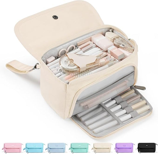 Sooez Super Large Pencil Case, Big Capacity Pencil Bag with 3 Compartments, Holds 100 Pencils, Cute Pencil Pouch with Zipper, Portable Stationery Pen Bag, Aesthetic School Supplies For Girls, Beige