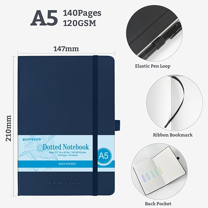 2Pack Bullet Dotted Journal Hardcover Notebook, A5 140 Pages 120Gsm Thick Paper for School,Note Taking,Work,Diary，5.7''*8.3'',Navy