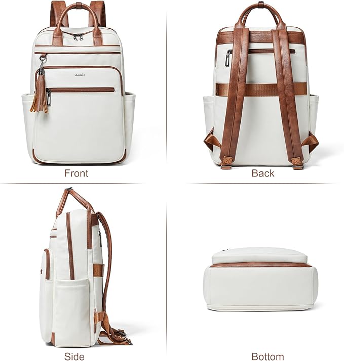 Shrrie Laptop Backpack for Women 15.6 inch Travel Leather Backpack Purse Work Computer Backpacks for Business College Beige