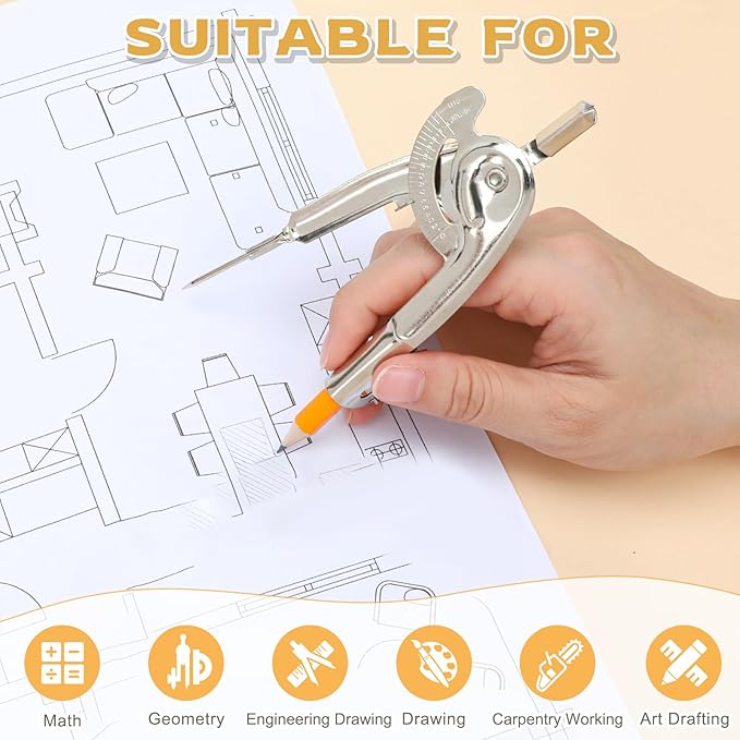 2 Pieces Compass for Geometry Metal Compass Tool Math Compass Bulk Drawing Compass Silver Geometry Compass with Pencil for Student School Classroom Office Woodworking Art Drawing