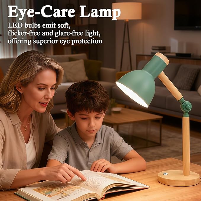 Desk Lamp, LED Desk Lamps for Home Office, Eye-Caring Desk Light, 3 Color Modes Reading Light, Wood Table Lamps with Flexible Arm, Study Lamp for Bedside College Dorm Room Essentials (Green Lamp)