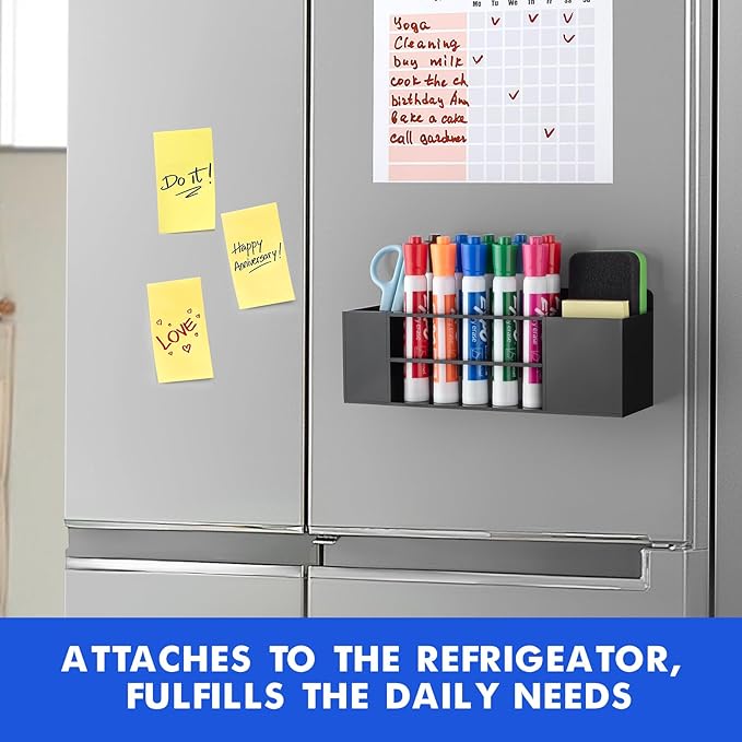 Magnetic Dry Erase Marker Holder for Whiteboard, Wall Mount Pen Holder for Refrigerator, Clear Pencil Holder for Fridge, Strong Magnet Locker Organizer for Classroom(Black)