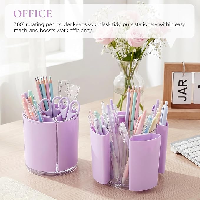 KONVINIT Purple Pen Holder for Desk, 5 Slots 360° Rotating Pen Organizer, Cute Desk Organizers and Accessories for School, Home, Office and Art Supply