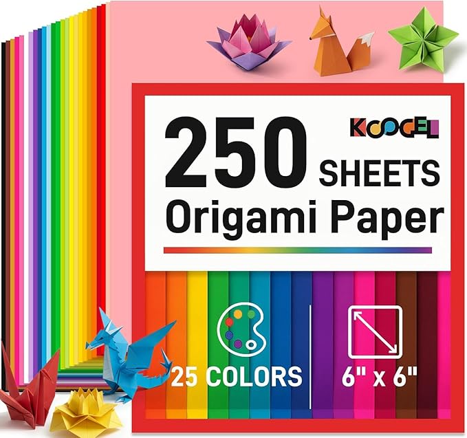Koogel 250 Sheets 6" X 6" Origami Paper Double Sided Color, 25 Assorted Colors Colored Paper, for Kids Folding Crafting Scrapbooking, Classroom Teacher Supplies, Beginner
