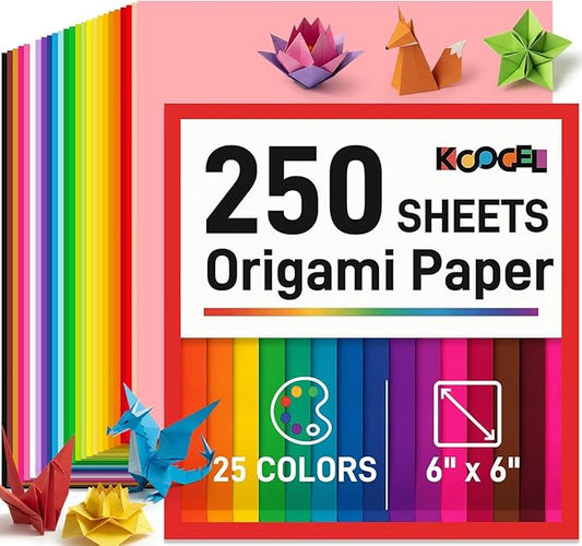 Koogel 250 Sheets 6" X 6" Origami Paper Double Sided Color, 25 Assorted Colors Colored Paper, for Kids Folding Crafting Scrapbooking, Classroom Teacher Supplies, Beginner