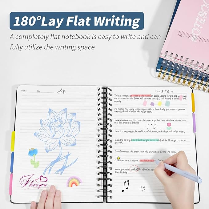 5 Subject Notebook College Ruled, 300 Pages A4 Hardcover Spiral Notebook with Removable Dividers Tabs 8.5" x 11" 100GSM Large Lined Journal Notebooks for Work School