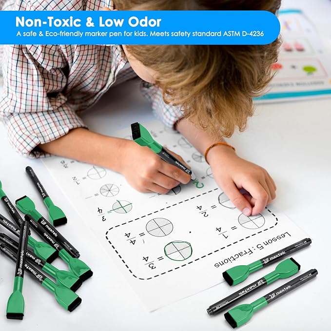 maxtek Magnetic Whiteboard Markers - 12 Count Green Fine Tip Dry Erase Markers with Eraser for Kids, Low Odor Thin Markers for Calendar Boards