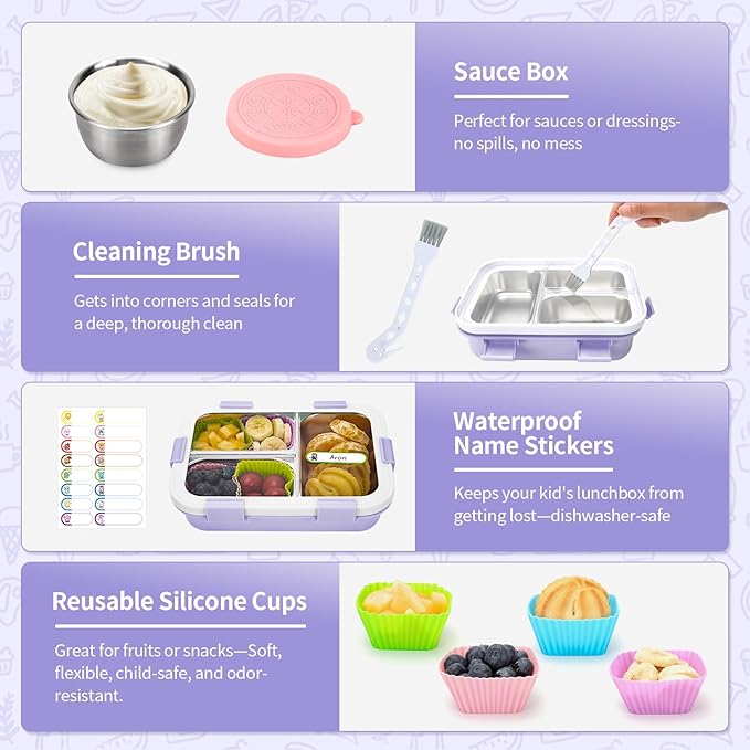 Kids Stainless Steel Lunch Box, 3 Compartments Leakproof Metal Bento Lunch Box, Containers with Silicone Lids for Office, Picnics, Dishwasher Safe, Purple