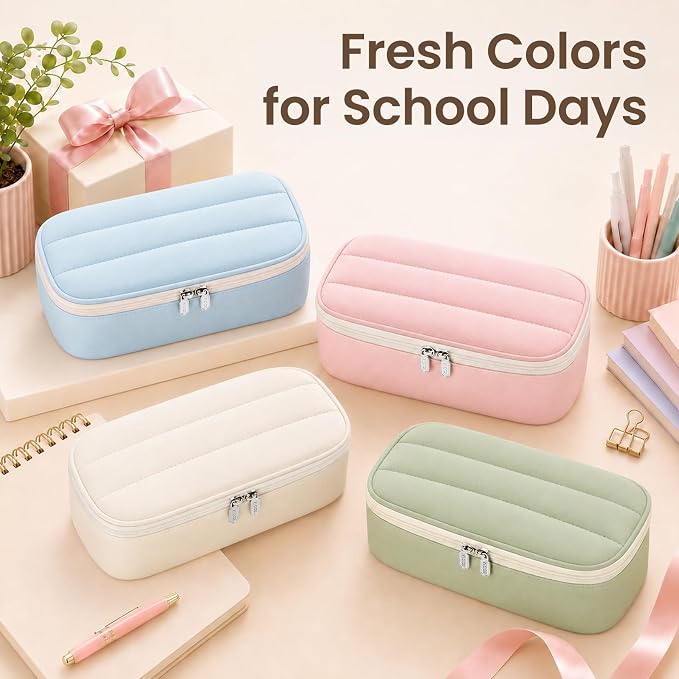 Sooez Cute Pencil Case, Soft Puffers Pencil Pouch, Large Pen Pencil Bag | Zipper Pen Case, Aesthetic Pen Pouch, Colored Stationery Storage & Organizer, School Supplies for Teen Girl Students, Purple
