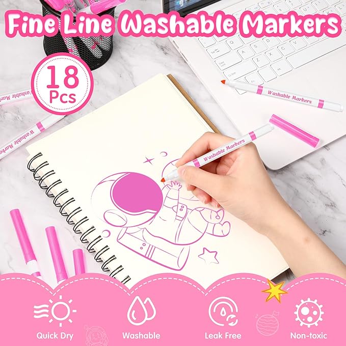 Fullhawl 18 Pcs Line Washable Markers Bulk Pink Fine Tip Markers Set Coloring Thin Tip Drawing Washable Pen for Kids Art School Classroom Back to School Gender Reveal Party Supplies, Ages 6+