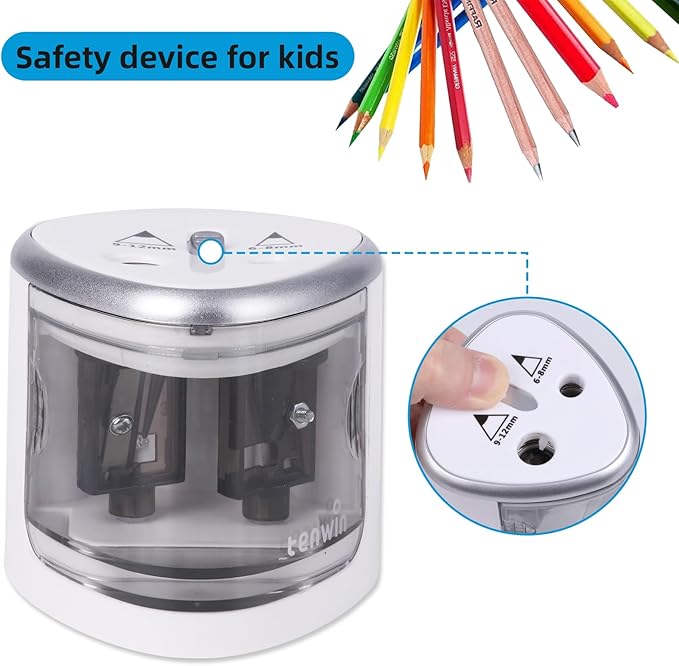 tenwin Electric Pencil Sharpener for Colored Pencils, Battery Operated Pencil Sharpeners for No.2 and 6-12mm Pencils, Dual Hole for Office School Artists Adults Kids Use（Silver）