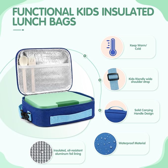 HOMETALL Bento Box for Kids with 8.5oz Insulated Food Jar - Leakproof Bento Lunch Box Kids Lunch Bag Set for Back to School Ages 3 to 14, Lunchbox Snack Containers Reusable On-the-Go Meal Prep,Green