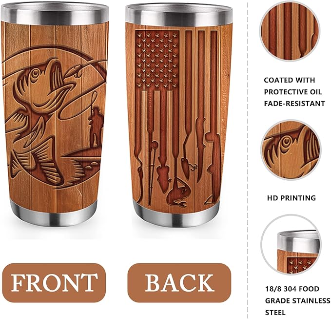 Fishing Gifts for Men Grandpa - Tumbler with Lid and Straw, Funny Fishing Lover Gifts, American Flag Wood Grain Stainless Steel Travel Coffee Cup, 20oz Double Wall Vacuum Insulated Mug