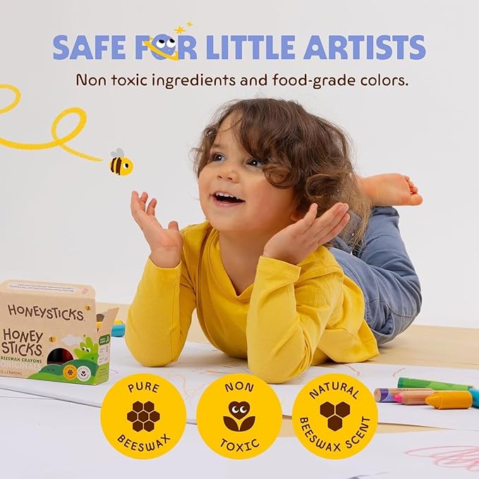 Honeysticks 100% Pure Beeswax Crayons (12 Pack) - Non Toxic Crayons for Toddlers 1-3, Safe for Baby from 1 Year Old Plus, Handmade with Natural Beeswax and Food-Grade Colors, Eco Friendly