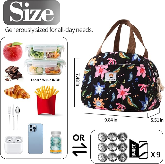CaCTOUR Lunch Box Lunch Bag for Women Girls Teens, Cute Lunch Box Cooler Bag, Portable Small Insulated LunchBox Reusable Corduroy Lunch Tote for Work/Travel/Picnic/School - Floral