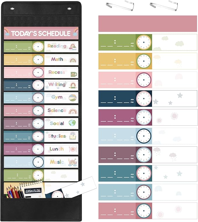 Ctosree 32 Pcs Daily Schedule Pocket Chart Rainbow Pocket Charts Classroom Pocket Chart Schedule 13+1 Pocket Kids Schedule Charts Teaching Scheduling Pocket Charts with Cards for School Classroom