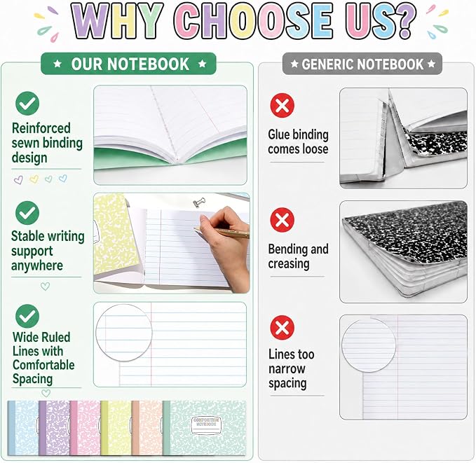 6 Pack Half Size Composition Notebooks Wide Ruled Marble Journal, Pastel