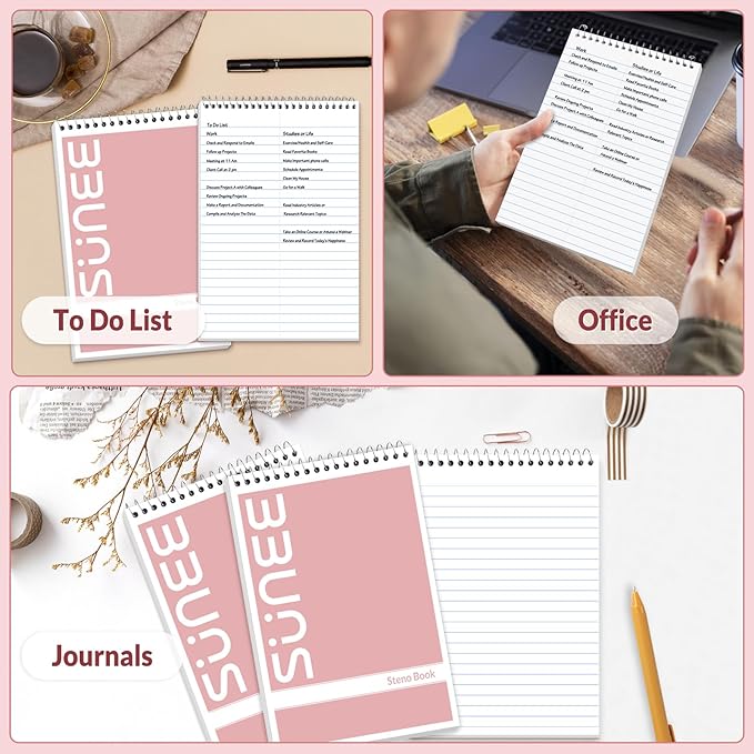 SUNEE 2 Pack Steno Pads 6x9, Gregg Rule, 60 Sheets, Spiral Notebook 6x9, White Paper, Take Notes with Top Spiral Notebook, for School, University, College, Work, Office, Pink