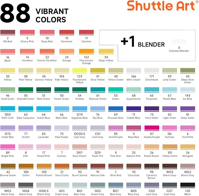 Shuttle Art Brush Tip Alcohol Markers, Dual Tip Brush & Chisel Tip Art Marker Set, 89 Colors Marker Pens with Organized Case Perfect for Illustration Kids Students Adults Coloring Sketching