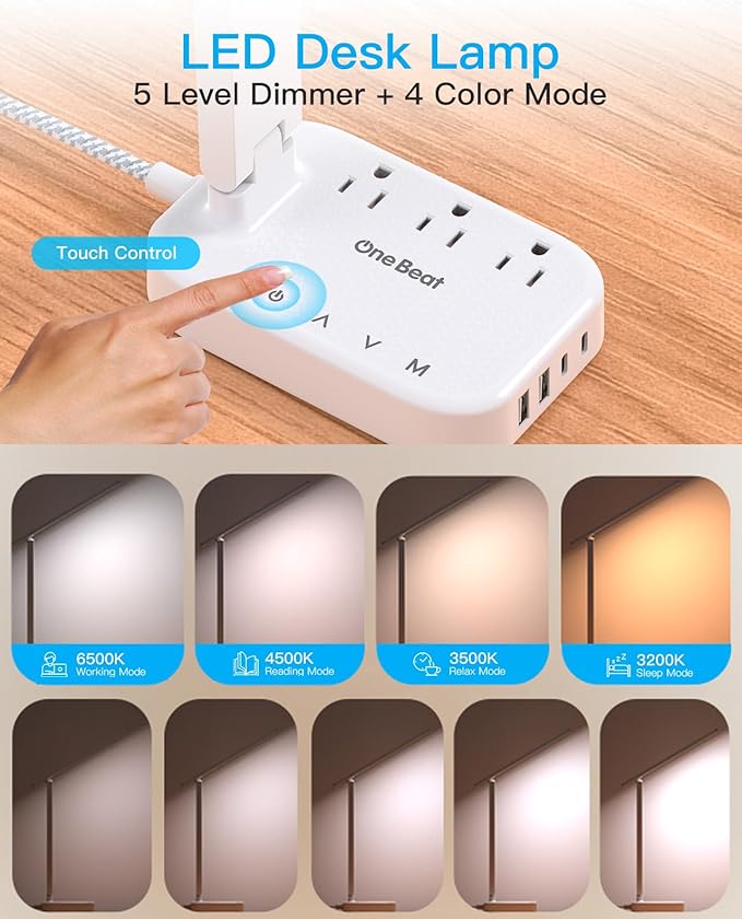 One Beat Small LED Desk Lamp Power Strip 10ft Extension Cord, 3 Outlets 4 USB Ports(2 USB C), 4 Modes, 5 Level Touch Lamp, Study Reading Light, Home Office Bedroom College Dorm Room Essentials, White