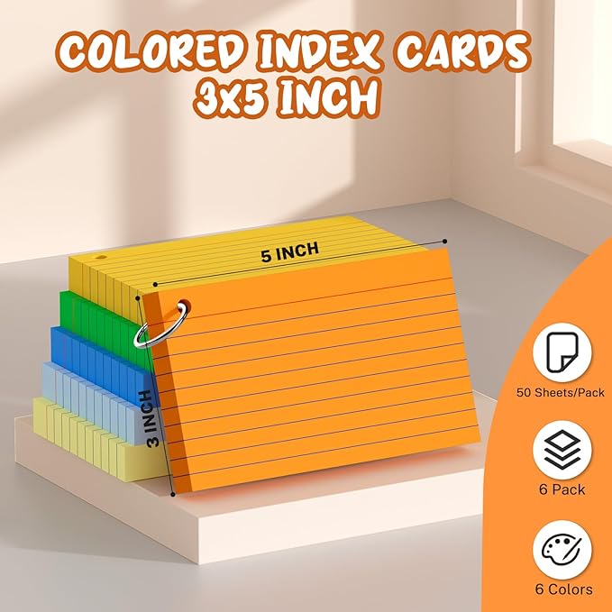 300 Count Colored Index Cards with Ring, 6 Colors Flash Cards with Rings, Punched NoteCards 3x5 Lined, Bright Colors Index Cards 3x5, Lined Note Cards 3 x 5 for Office, College, and School Supplies