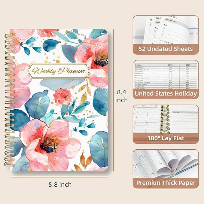 Weekly Planner Undated - 52 Weeks To Do List Notebook A5 for Work: Weekly Task, Habit Tracker Journal, Goal Setting, Agenda Sprial Bound Organizer Book for Women Cute Stylish Design, Peony