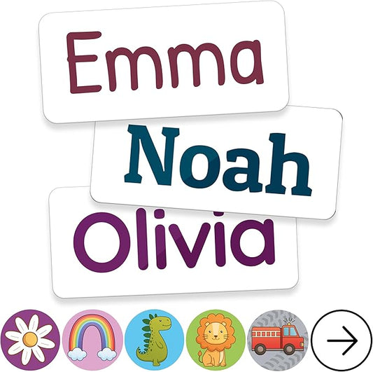 TagBuddy® Personalized Daycare Name Labels for Kids [140pcs] - Waterproof Name Stickers for School, Baby Bottles & Clothing - Custom Name Stickers - Washable Stick On Labels (1.2”x0.5”)