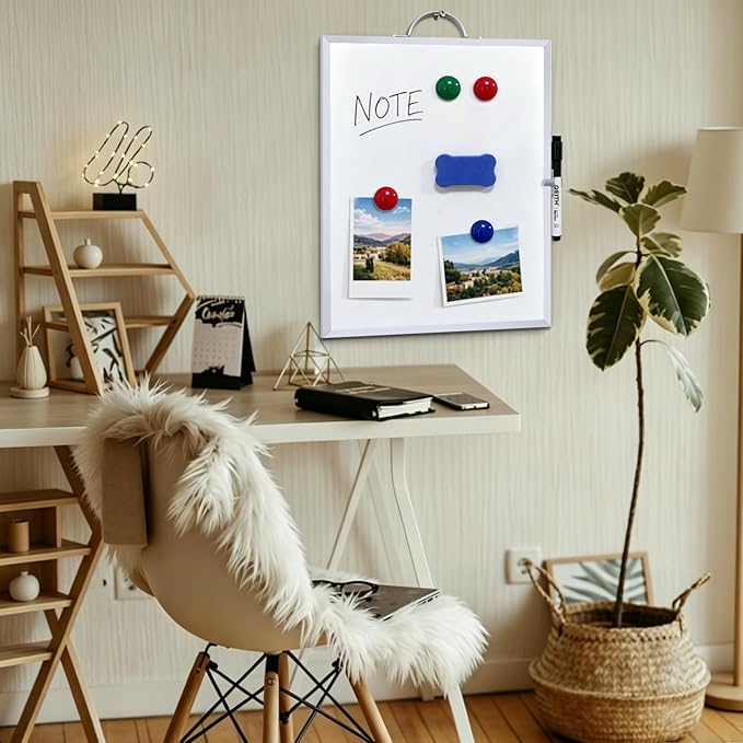 Small White Board,16"X12"Portable Aluminum Frame Whiteboard, Magnetic Double Sided Dry Erase Board, with A Handle and Side Pen Clip,for Office, Home,School,Includ 4 Magnets,1 Eraser,1 Marker (Silver)
