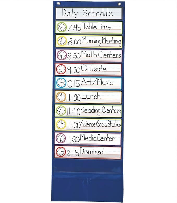 Carson Dellosa 13” x 36” Visual Schedule for Kids Pocket Chart, Organizer and Dry Erase Cards with Customizable Clocks, Circle Time Learning Center and Classroom Teaching Supplies
