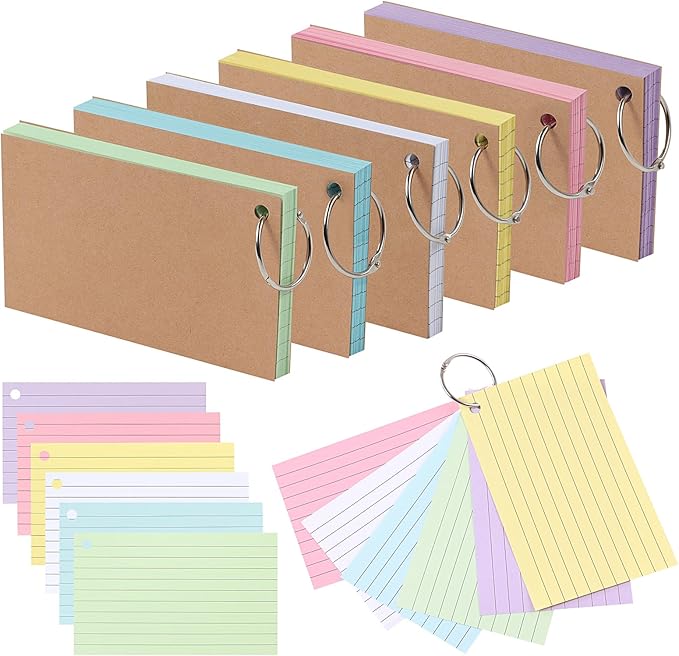 300 Flash Cards for Studying, 6 Pack Lined Index Cards with Key Ring, Multicolor Kraft Notecard for Note-taking, Language Learning, 12.5 * 7.5cm