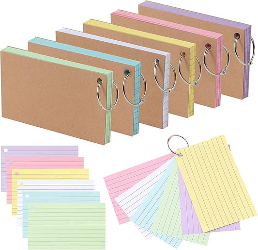 300 Flash Cards for Studying, 6 Pack Lined Index Cards with Key Ring, Multicolor Kraft Notecard for Note-taking, Language Learning, 12.5 * 7.5cm