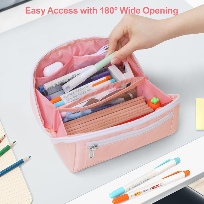 Large Capacity Pencil Case - Pencil Pouch for Teen Girls, Aesthetic Pouch Organizer with 8 Compartments, Wide Opening Marker Bag for Middle High School College, Fits Calculator, Pink