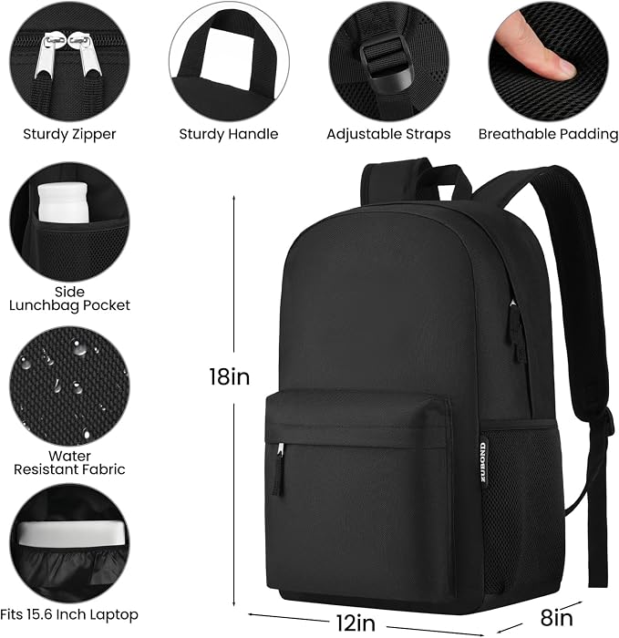 ZUBOND Unisex Black Backpack for School & Travel - Lightweight Laptop Backpack Fits 15.6 Inch Notebook, Water Bottle Pocket - Ideal for Teens, College Students, Adults