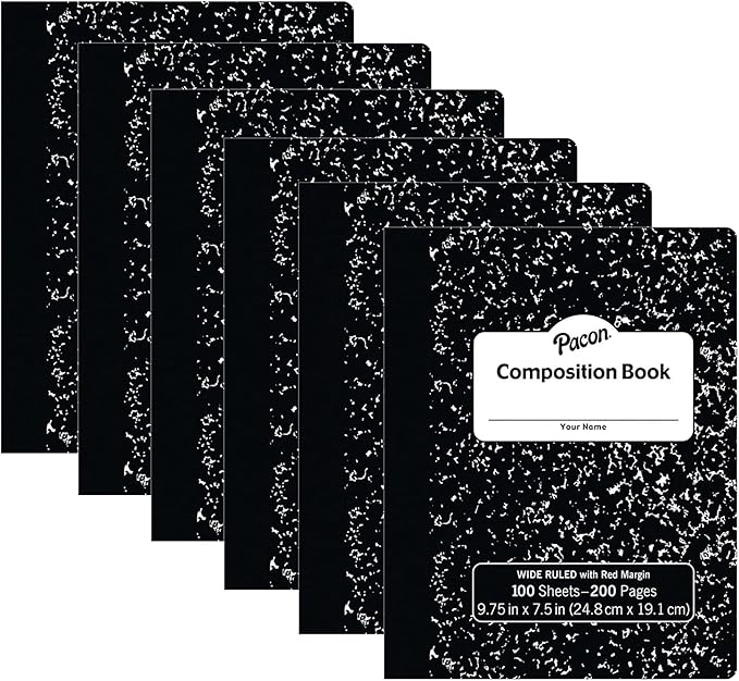 Pacon® Composition Book, Black Marble, 3/8" Ruled w/Margin, 9-3/4" x 7-1/2", 100 Sheets Per Book, Pack of 6