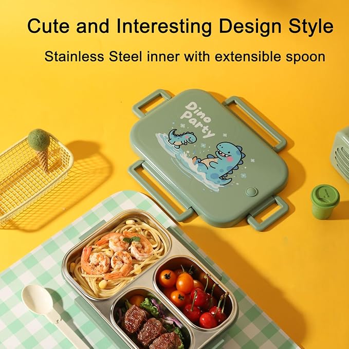 18/8 Stainless Steel Lunch Box & Bento Box for Kids & Adults - 25oz- with Leakproof Condiment Container - 3 Compartmentcute with Dinosaur Cartoon Pattern for School, Office & Outdoor -Dishwasher Safe