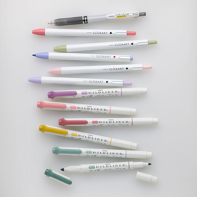 Zebra Pen - Premium 12-Pack Journaling Set - No Bleed MILDLINER Highlighters, CLiCKART Pens & SARASA Gel Pen - Assorted Colors for Note-Taking, Bible Study, Journaling and Creative Planning (14012)