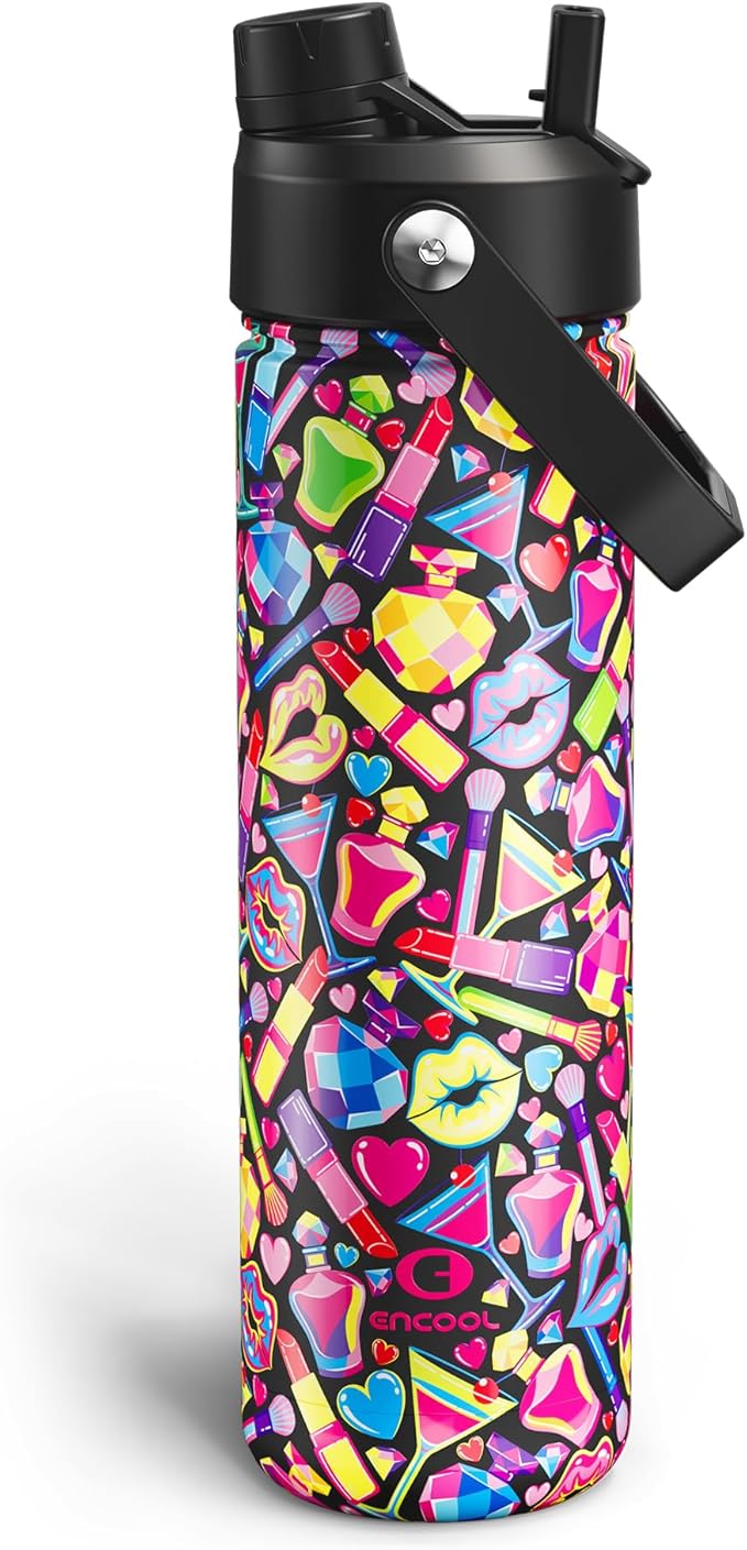 ENCOOL Insulated Water Bottle with Straw Stainless Steel Water Bottle, Leak-Proof, BPA-Free, Double Wall Vacuum Keeps Cold for 24 Hours for Sports, Travel, School (26 oz, Cosmetic Party)