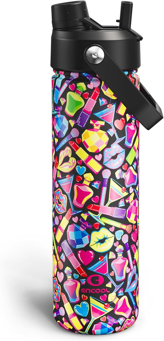ENCOOL Insulated Water Bottle with Straw Stainless Steel Water Bottle, Leak-Proof, BPA-Free, Double Wall Vacuum Keeps Cold for 24 Hours for Sports, Travel, School (26 oz, Cosmetic Party)