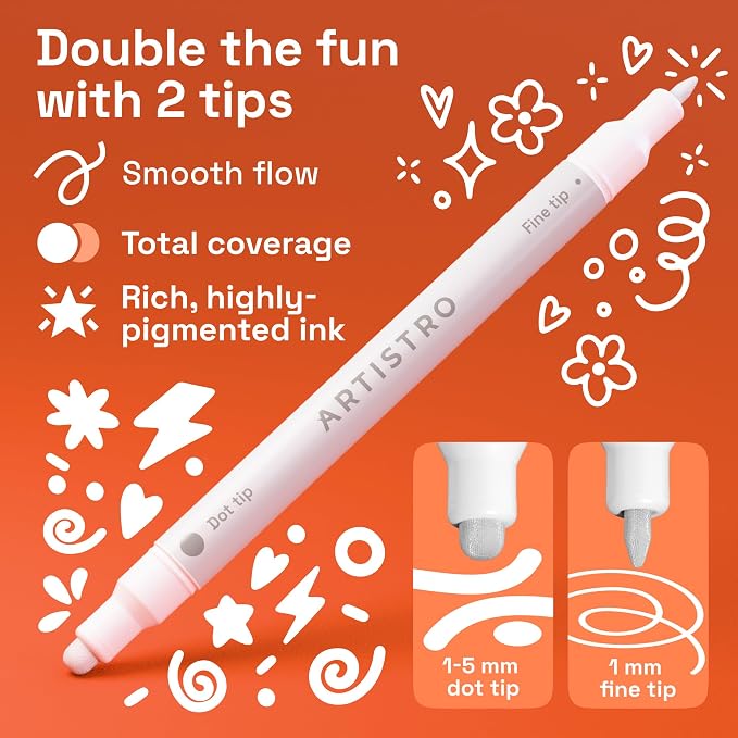 ARTISTRO 24 White Dual-Tip Acrylic Paint Markers – Paint Pens Set with Dot & Fine Tips for Fabric, Rock, Glass, Wood, Coloring Books – Arts & Crafts Gift – Classroom Must Haves & School Supplies