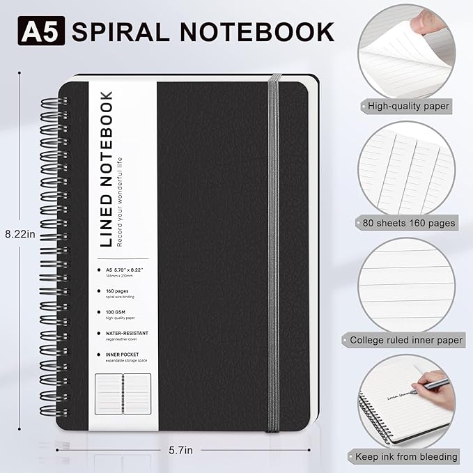 ABERLLS Lined Spiral Journal Notebook with 160 Pages, 8×5.7in, A5 Spiral Notebook, Journaling Notebooks for Work, School, Women, Men, College Ruled Spiral Notebook, Hardcover Leather Journals, Black