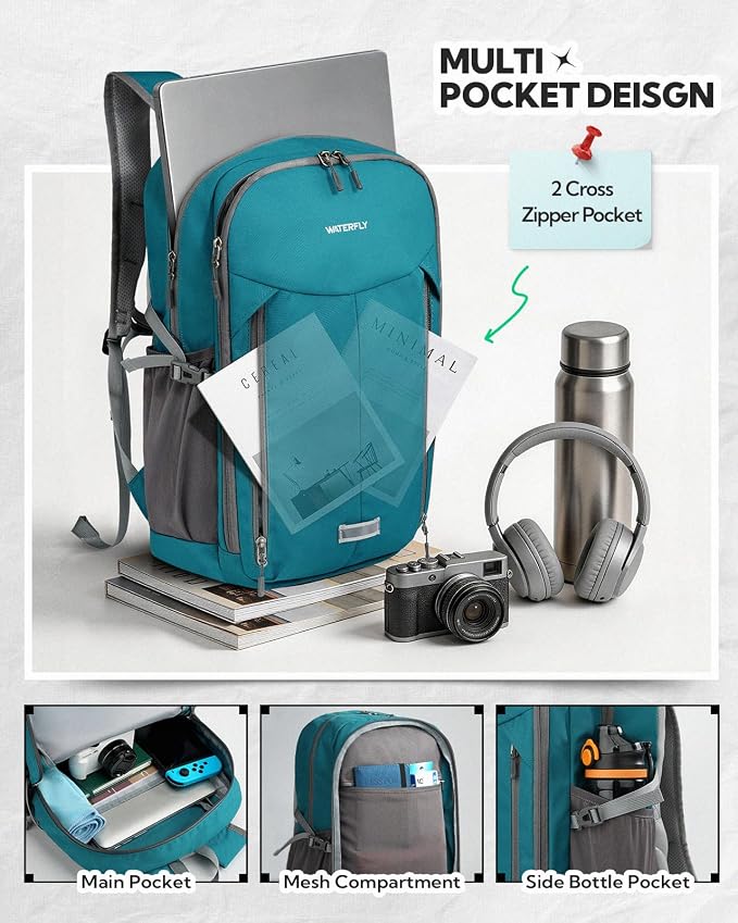 WATERFLY Lightweight Packable Backpack, 25L Small Foldable Travel Daypack | Large Opening Pocket with Luggage Strap, Breathable Back Pad, Easy to Fold, Compact Day Pack for Hiking Outdoor