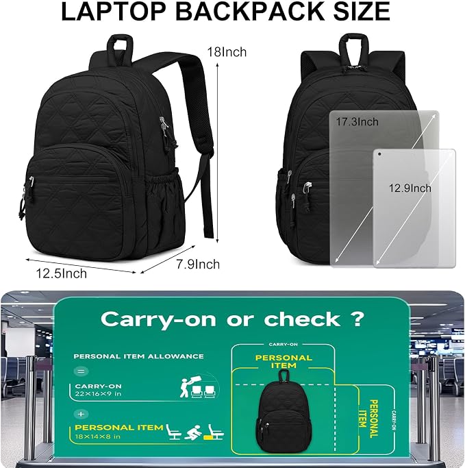 Travel Laptop Backpack for Women - 17.3 Inch College Backpacks Quilted Computer Bookbag Lightweight Casual Daypack Water-Resistant Backpacks for Students Teacher Work Black