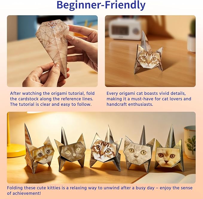 DIY Paper Cats Origami Kit-50 Sheets Premium Folding Paper to Create 3D Cat Figures-Unique Desk Pets & Aesthetic Office Decor-Creative Art Craft Project for Adults & Cat Lovers