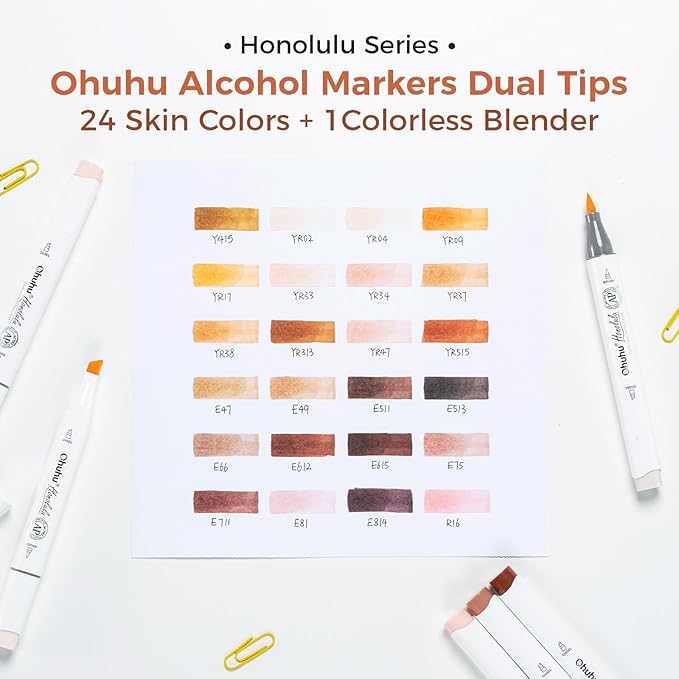 Ohuhu Skin Tone Alcohol Markers Brush Tip - 24 Portrait Skin Color Markers for Artist Adults Coloring Illustration - Chisel and Brush Dual Tips - Honolulu - Refillable - AP Certificated
