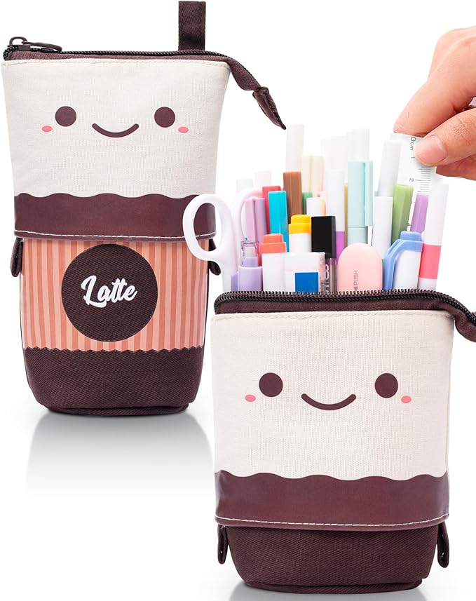 Sooez Standing Pencil Case, Cute Stand up Pencil Pouch, Telescopic Pen Pouch, Portable Pencil Holder, Cute Stand up Pencil Case, Spacious Pencil Pouch Bag for School Office Supplies, Brown Coffee