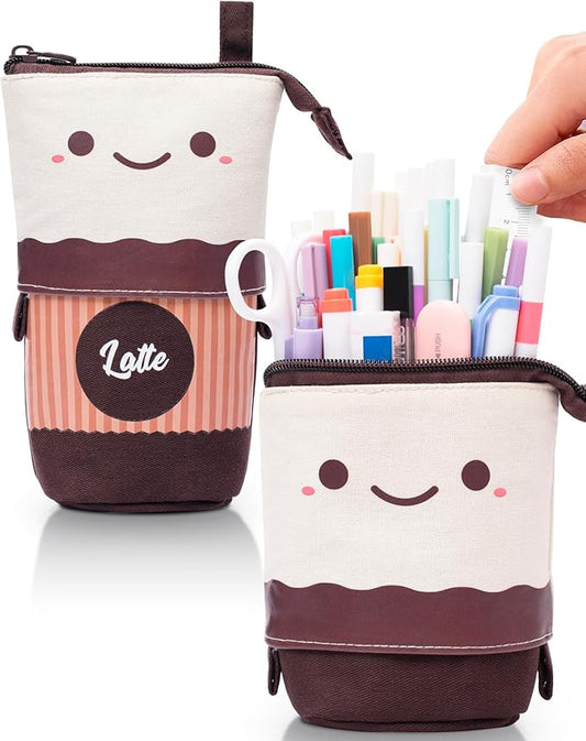 Sooez Standing Pencil Case, Cute Stand up Pencil Pouch, Telescopic Pen Pouch, Portable Pencil Holder, Cute Stand up Pencil Case, Spacious Pencil Pouch Bag for School Office Supplies, Brown Coffee