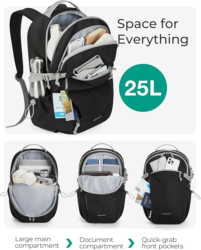 BAGSMART Travel Backpack for Women&Men, Lightweight 15.6" Casual Backpack for College, TSA Carry On Backpack for Airplanes, Black