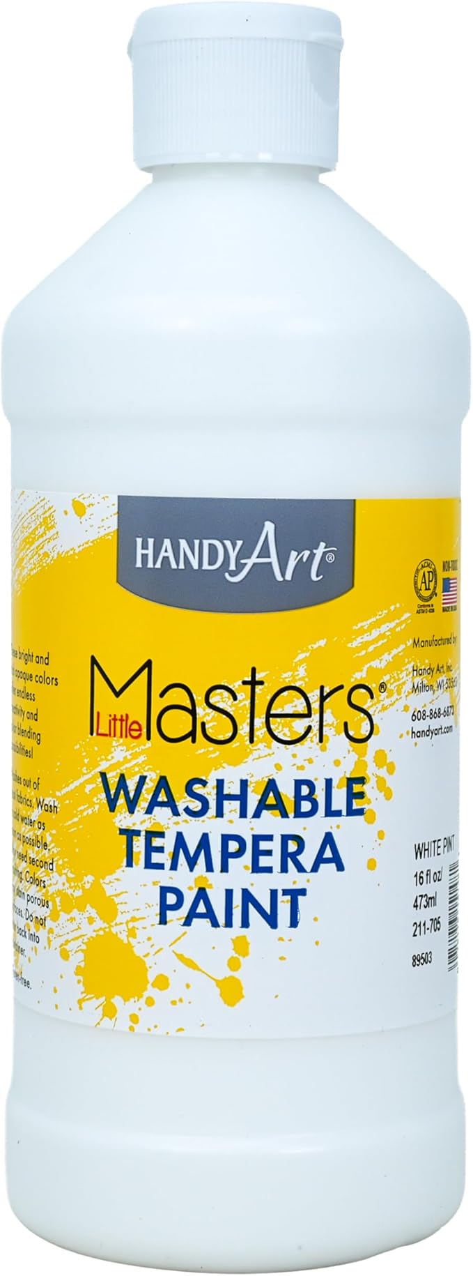 Handy Art Little Masters Washable Tempera Paint, White, 16 oz Bottle, Bright & Mixable, High Opacity, Washable Colors for Classroom, Students, Kids, Young Artists, Safe & Non-Toxic, Made in USA