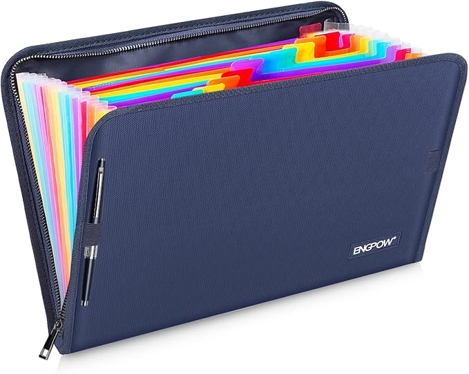ENGPOW 13 Pocket Expanding File Folder,Fireproof Accordion File Folder Document Organizer with Zipper Closure,Portable Filing Organizer Safe with Colorful Tabs for A4/Letter Size Paper,Files(Blue)